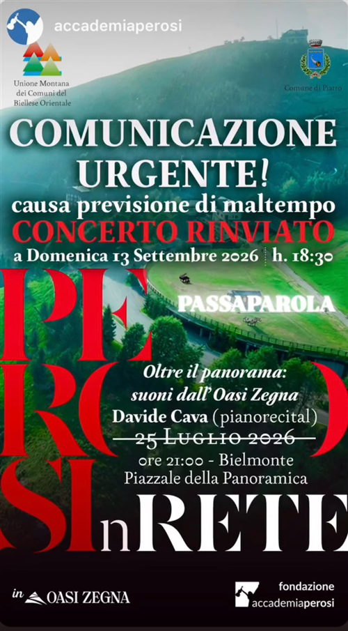 Rinvio concerto in programma per il 25 luglio 2026