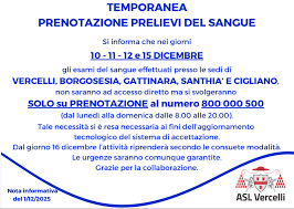 Prelievi del sangue: accesso su prenotazione nei giorni 10, 11, 12 e 15 dicembre