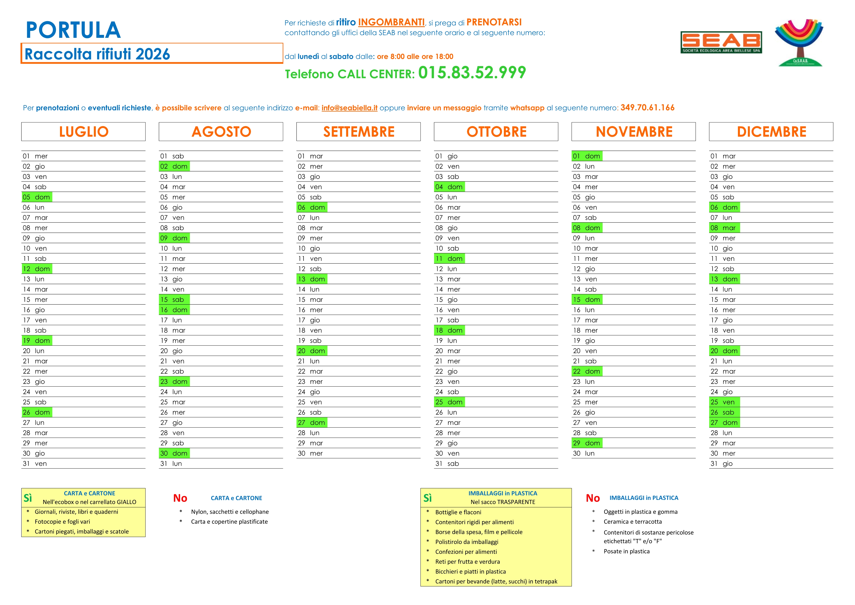 Calendario raccolta rifiuti 2026