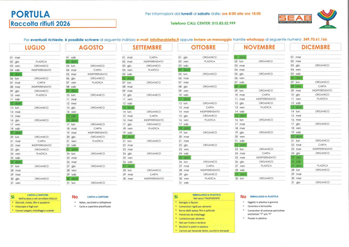 Calendario raccolta rifiuti luglio-dicembre 2026