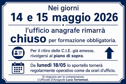 Chiusura ufficio anagrafe 14 e 15 Maggio 2026